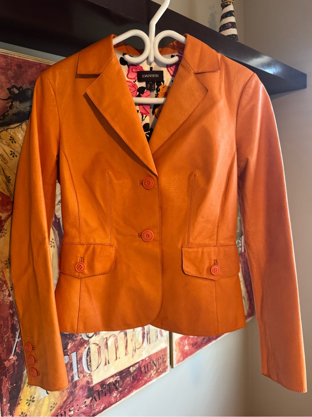 EUC Danier Orange Leather Jacket with Notched Lapel